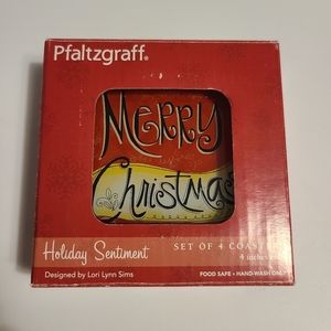 Pfaltzgraff "Holiday Sentiment" Merry Christmas Decal glass coasters - set of 4